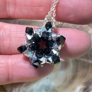 Swarovski Silver & Black Bi-cone Crystal 6-Side Star Pendant Sterling Necklace
